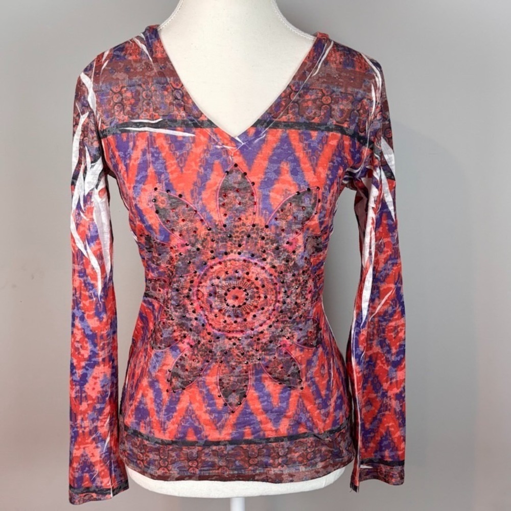 INC Womens Red Sheer Rhinestone Long Sleeve Sheer Boho Tee‎ MED Medallion print